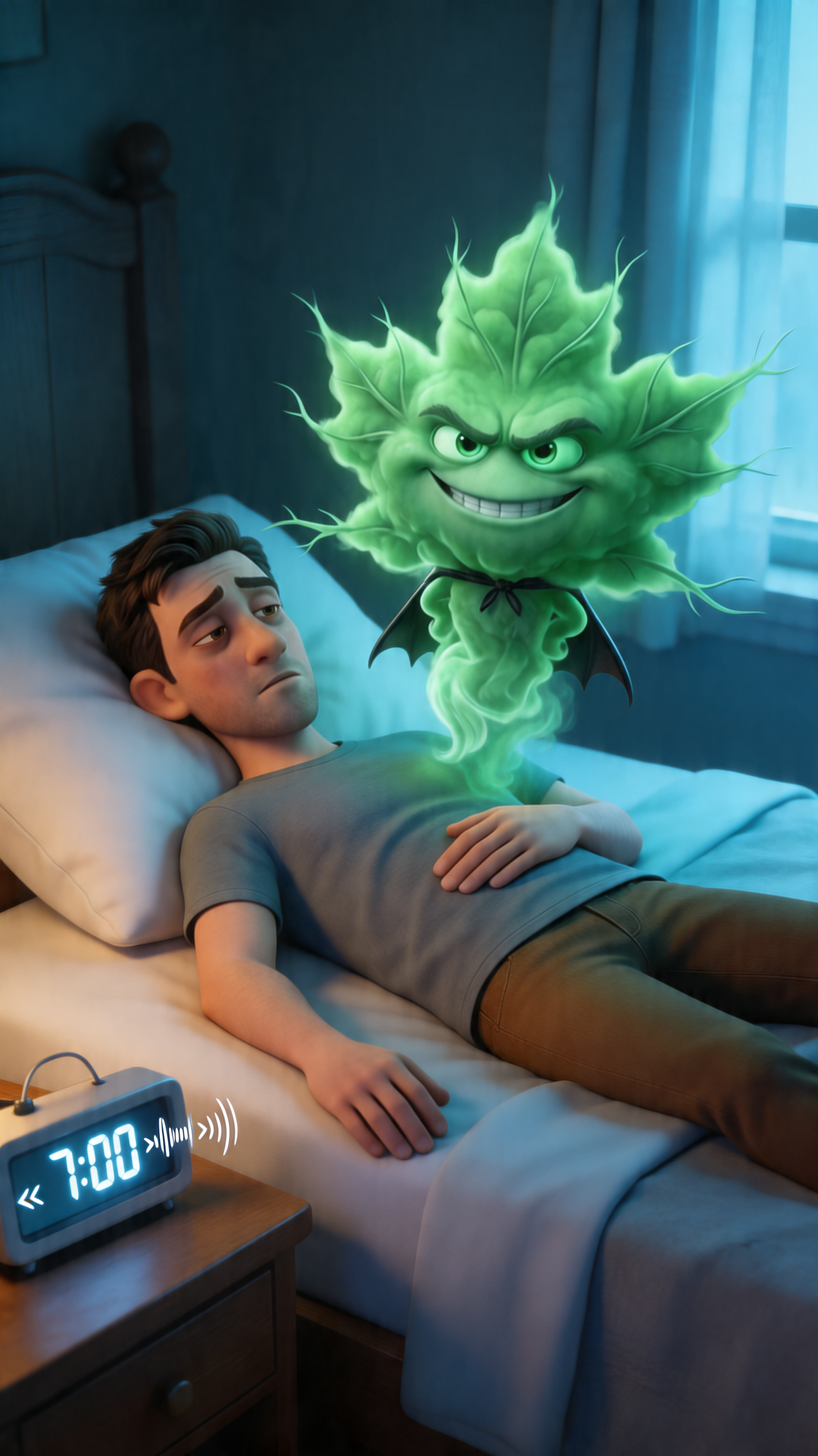 Créa Pixar IA — personnage cannabis réveil